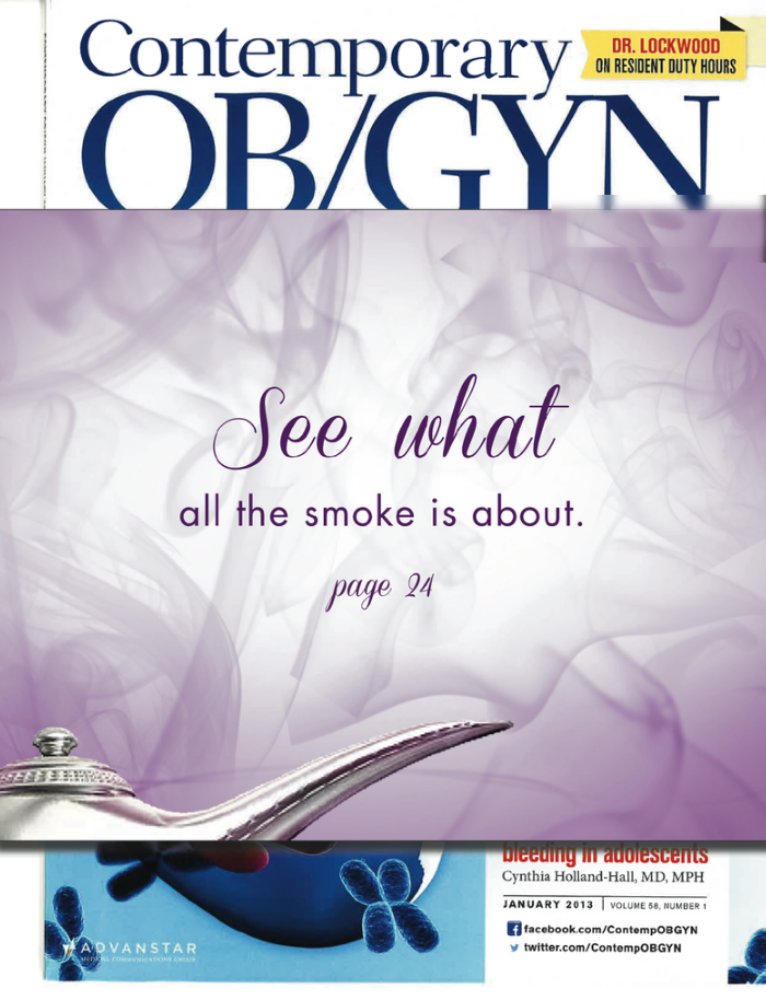 Contemporary OB/GYN magazine cover with the Brisdelle belly band: 'See what all the smoke is about, page 24'