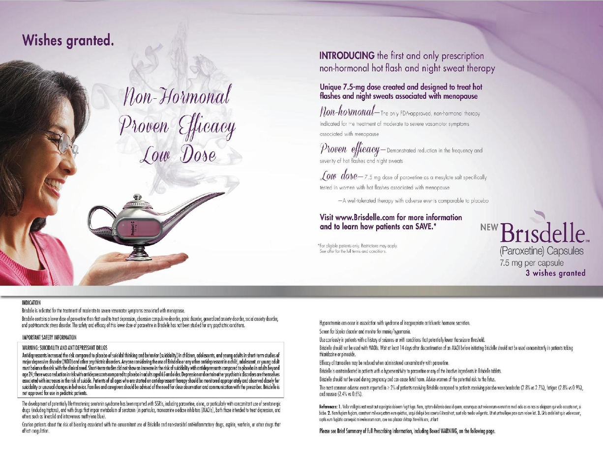 Brisdelle journal ad spread: 'Wishes granted — Non-Hormonal, Proven Efficacy, Low Dose'