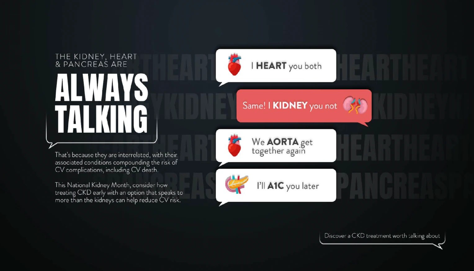 CRM 'Always Talking' ad: the kidney, heart and pancreas as friends texting each other — 'I HEART you both,' 'Same! I KIDNEY you not,' 'We AORTA get together again,' and 'I'll A1C you later'