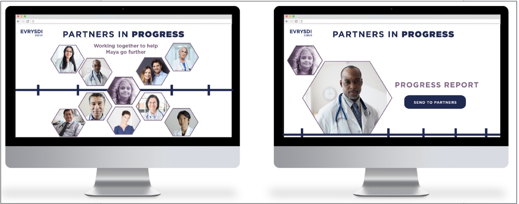 Evrysdi 'Partners in Progress' progression tracker shown on two monitors: a care-team hexagon map ('Working together to help Maya go further') and a 'Progress Report — Send to Partners' screen
