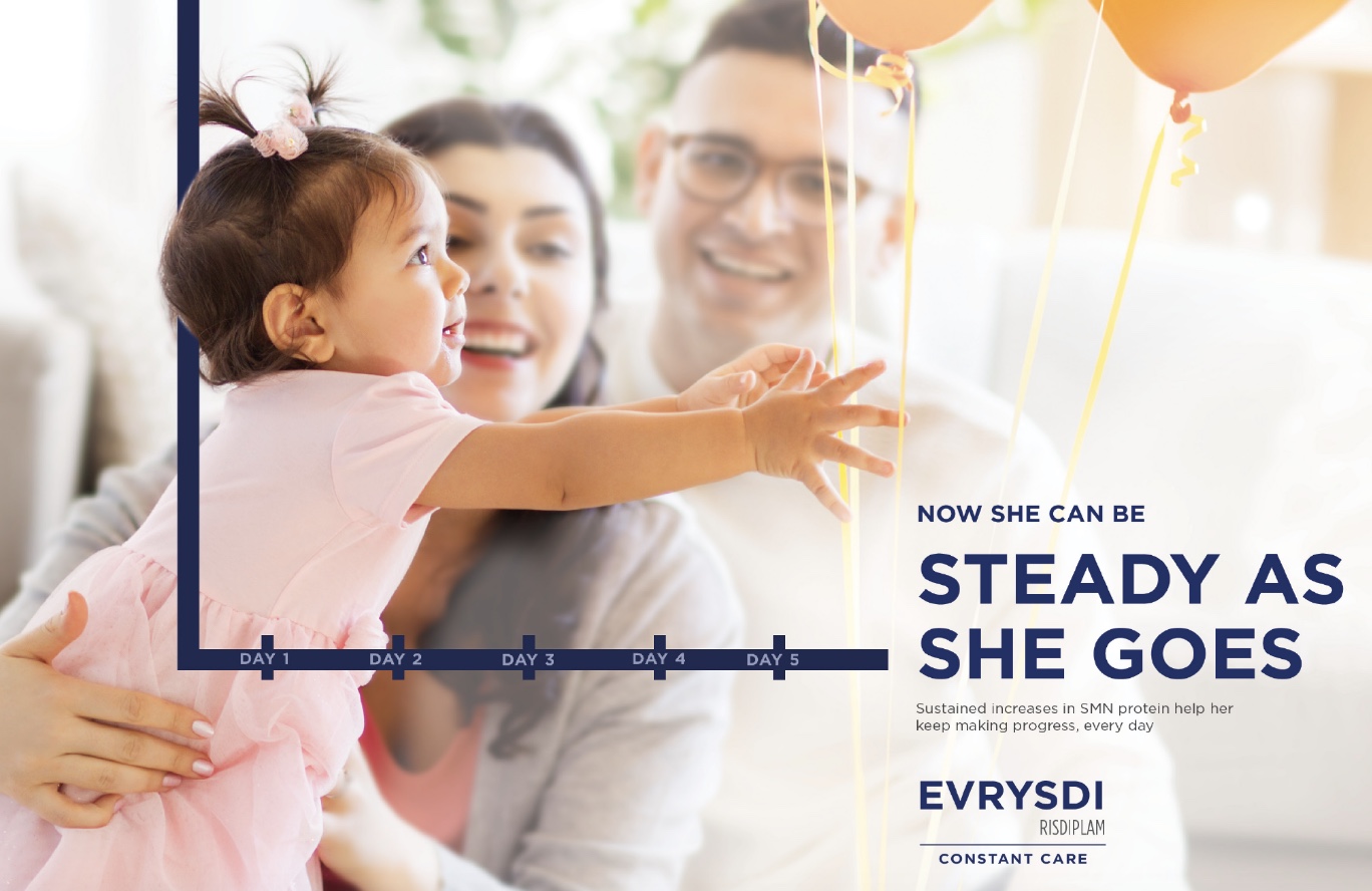 Evrysdi 'Steady as she goes' ad: a young girl reaching toward balloons over a Day 1–5 timeline, with her parents behind her