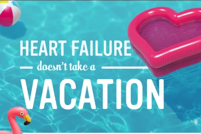 Jardiance 'Heart failure doesn't take a vacation' ad: a turquoise pool with a heart-shaped float, a flamingo float, and a beach ball