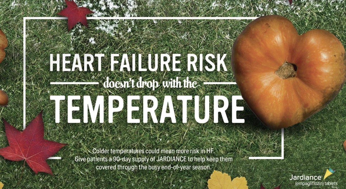Jardiance fall ad: a heart-shaped pumpkin on autumn grass with fallen leaves, headline 'Heart failure risk doesn't drop with the temperature' and a reminder to give patients a 90-day supply through the end-of-year season