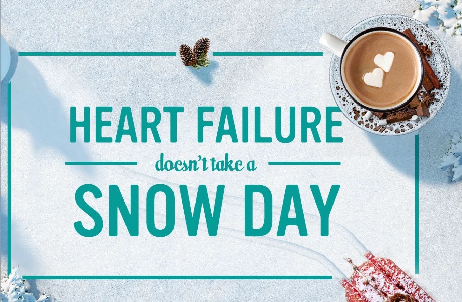 Jardiance winter ad: a cup of hot cocoa with heart-shaped marshmallows and a sled in the snow, headline 'Heart failure doesn't take a snow day'