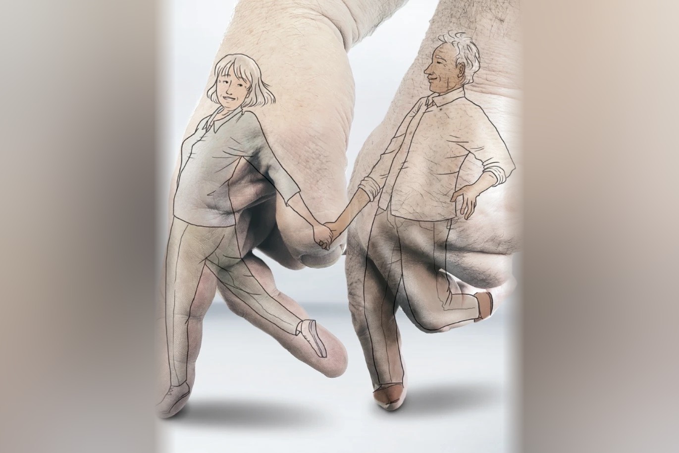 ND0612 'Get Your Groove Back' ad detail: two dancing figures illustrated onto a pair of clasped hands