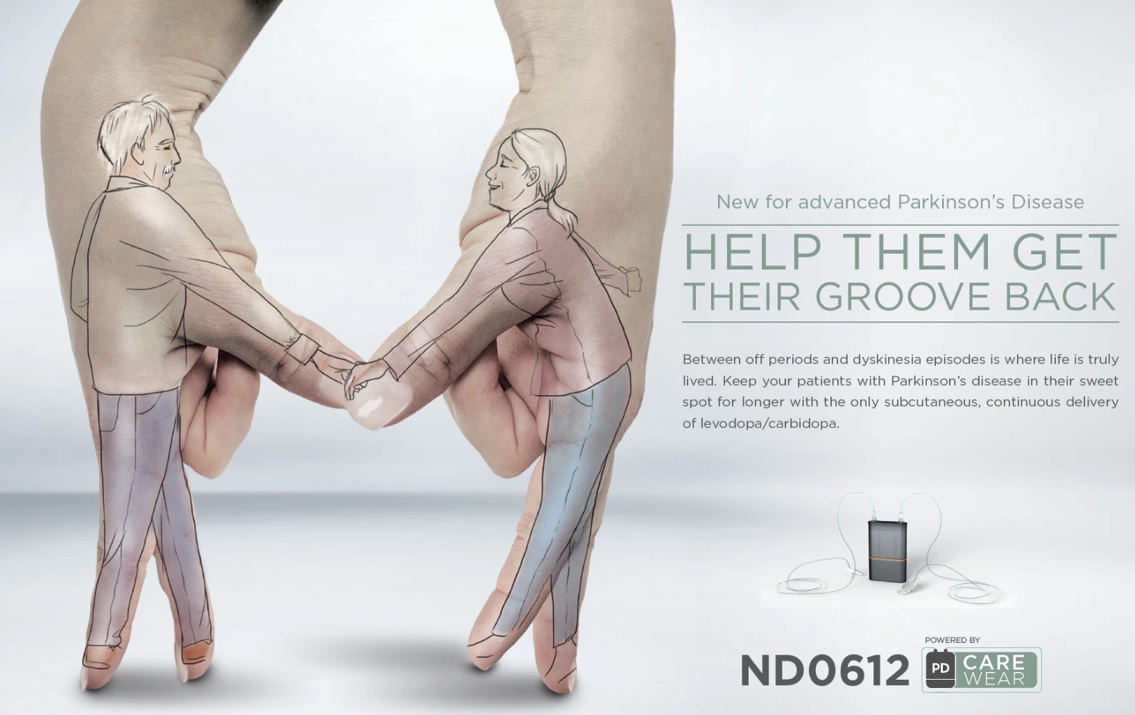 ND0612 'Help Them Get Their Groove Back' physician ad: two figures illustrated onto a pair of clasped hands, holding hands, with the line 'New for advanced Parkinson's Disease' and the wearable pump device
